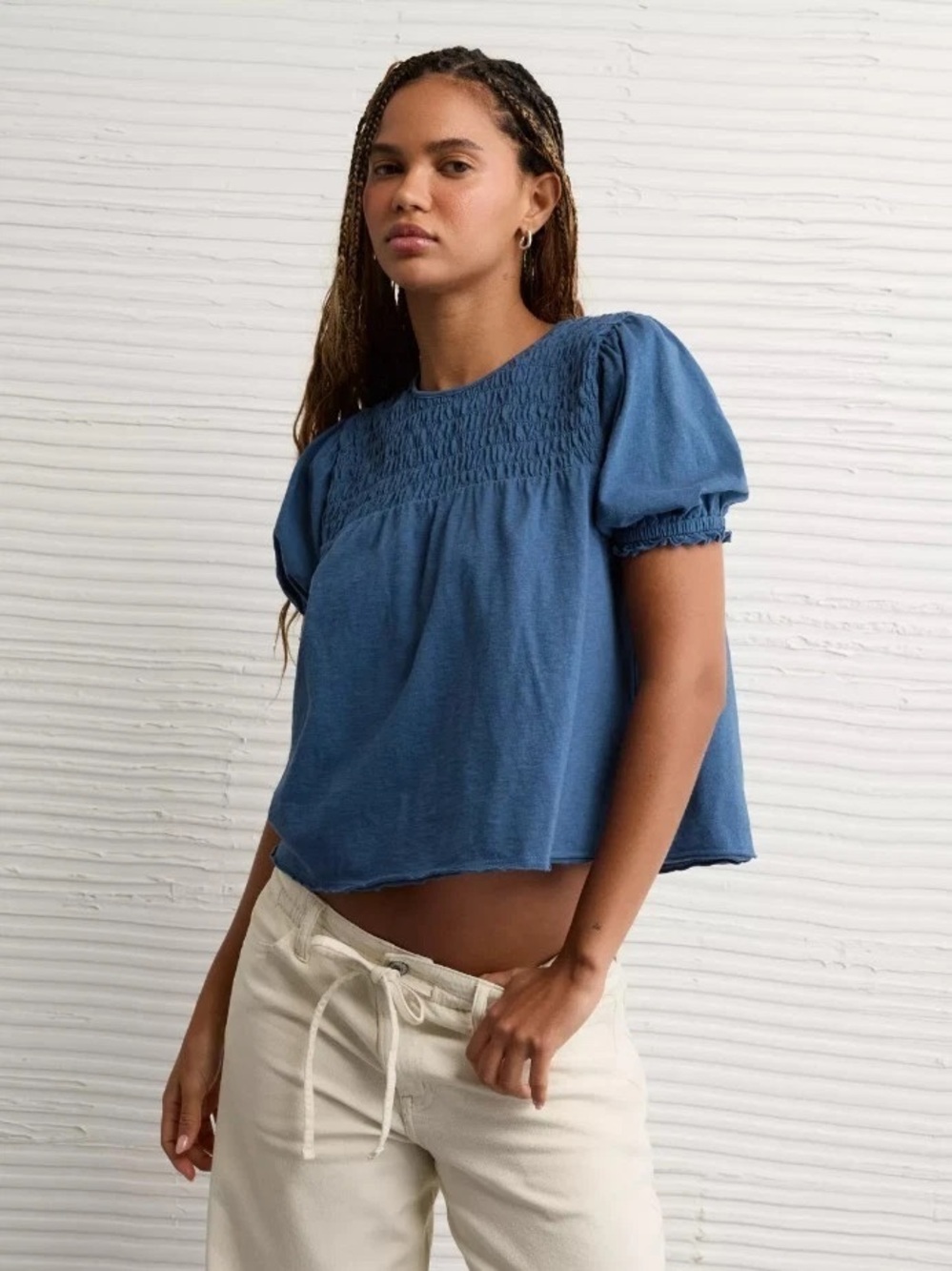 American Eagle Sunchaser High Neck Puff Sleeve Smocked T-Shirt